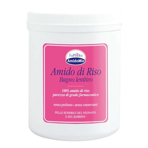 Diversi tipi di confezioni di amido di riso in polvere, alcune con etichette biologiche