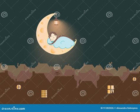 Un'illustrazione che raffigura una luna che sorride sopra un bambino che dorme