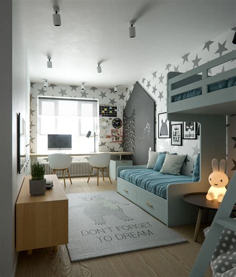 Stanza per bambini arredata in stile scandinavo con colori neutri e giochi minimalisti