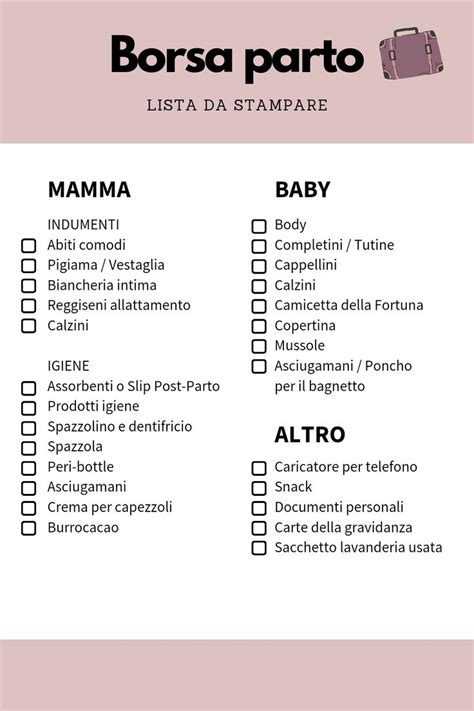 Infografica sulla preparazione della borsa per il parto in ospedale