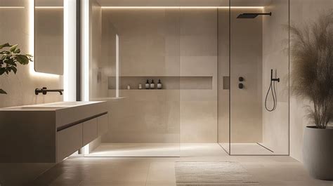 Schema di un bagno moderno ottimizzato con doccia walk-in e sanitari sospesi