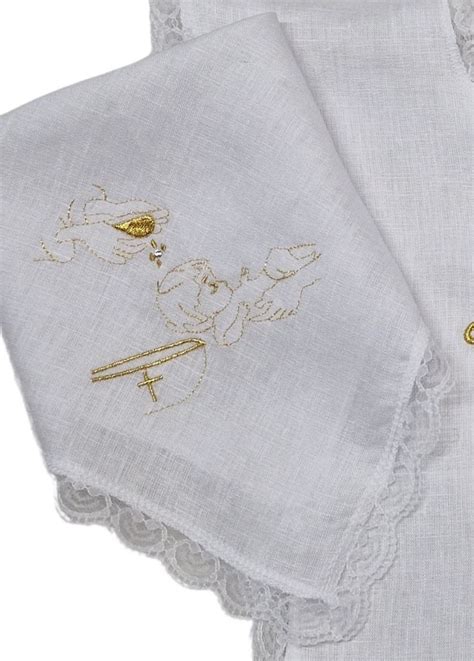 set battesimo ricamato a mano in lino bianco