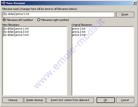Interfaccia del pannello Mass Rename di eMule X Mod