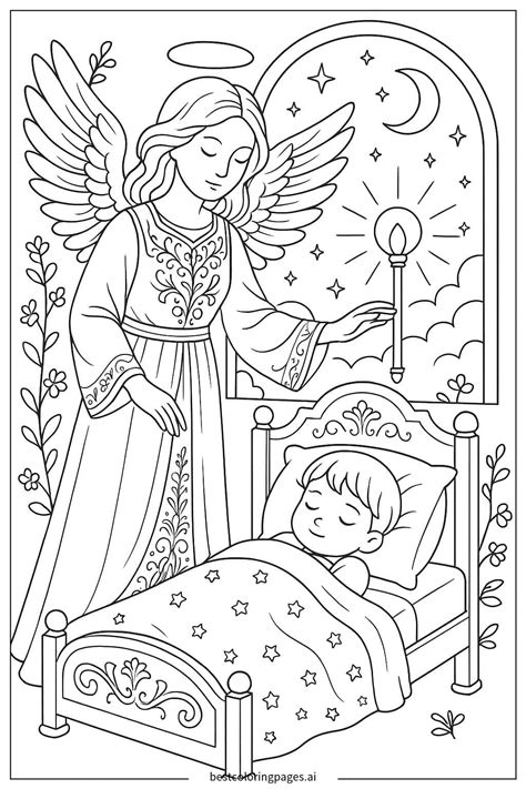 Illustrazione di un angelo custode che protegge una madre e un bambino