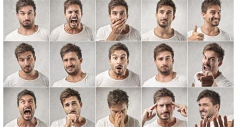 Collage di espressioni facciali che mostrano vari stati emotivi, dall'euforia alla stanchezza.