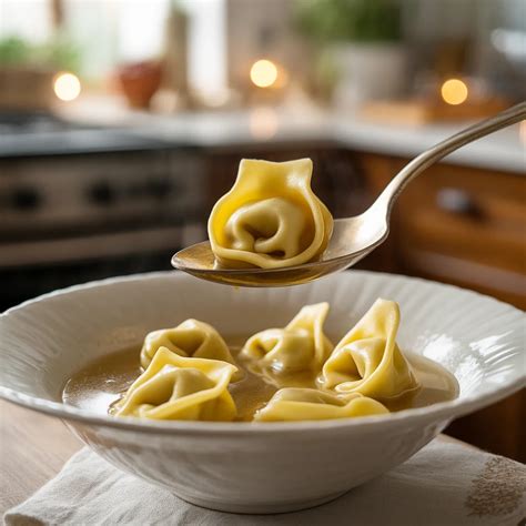 Una tavola imbandita con un piatto di tortellini in brodo fumante