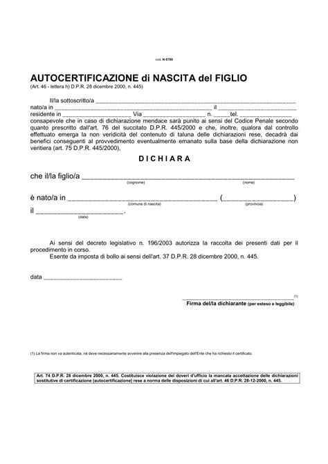 Modulo Autocertificazione Nascita Figlio