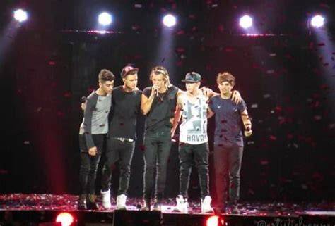 I cinque componenti degli One Direction durante un concerto mondiale