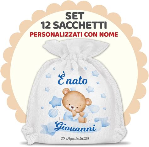 Set di sacchetti nascita personalizzati con nomi e date ricamati