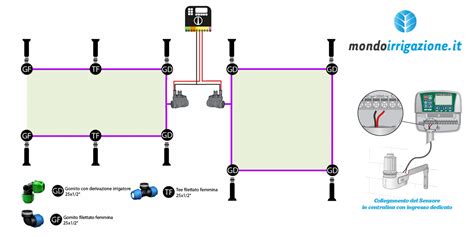 Schema di un impianto di irrigazione con indicazione dei punti di potenziale perdita di pressione