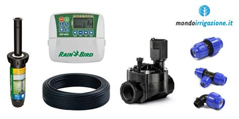 Componenti di un impianto di irrigazione: pompa, filtro, programmatore, elettrovalvola, irrigatore