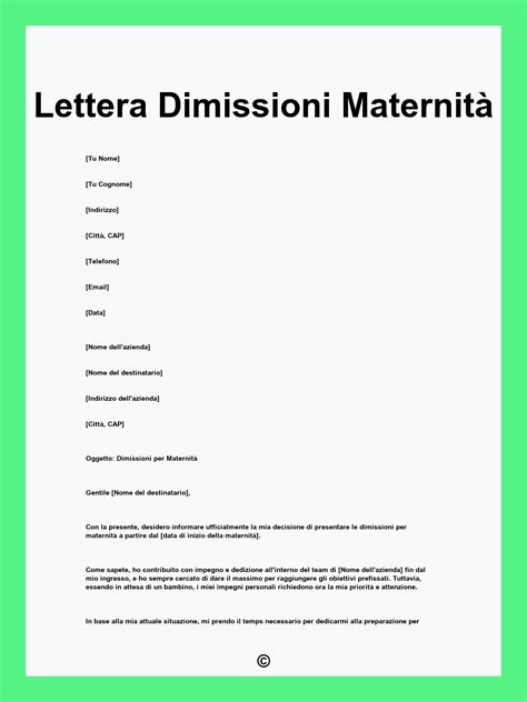 Modello di lettera di dimissioni per maternità