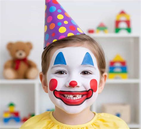 Bambino con il trucco da clown allegro, con ampi cerchi bianchi intorno agli occhi e guance rosse