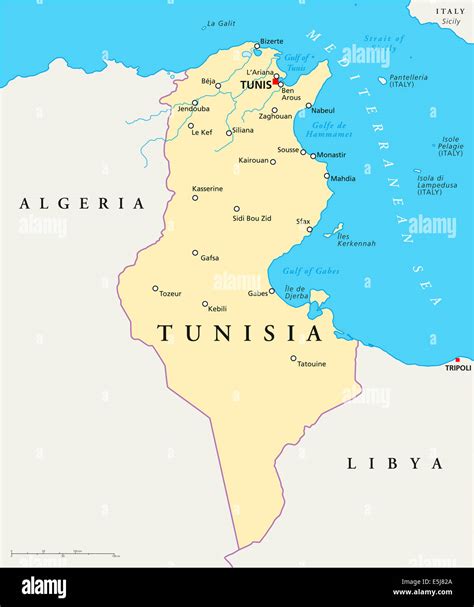 Mappa della Tunisia con principali città e confini