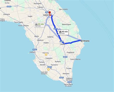mappa stilizzata dei percorsi turistici partendo da Porto Cesareo verso Lecce, Otranto e Gallipoli