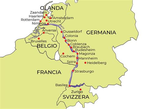 Mappa del percorso del fiume Reno tra le Alpi svizzere e le gole della Via Mala