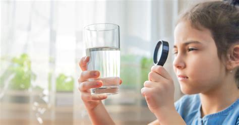 bambino che osserva un esperimento con acqua e bicchieri colorati