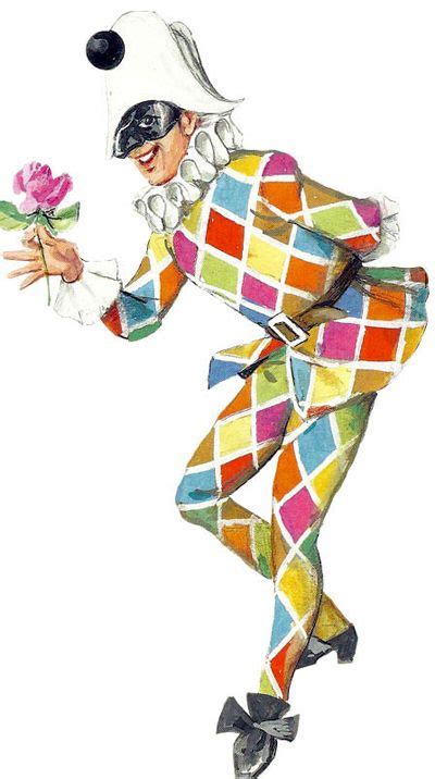 Immagine di Arlecchino con il suo costume a toppe colorate e la maschera nera