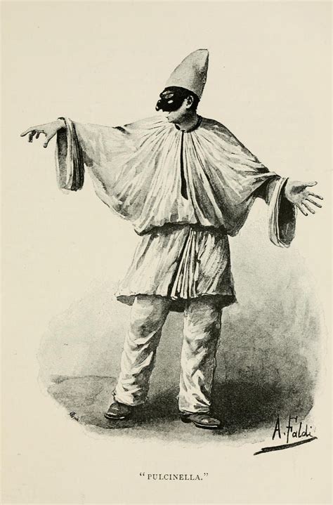 Illustrazione di Pulcinella con la sua maschera, il vestito bianco e il cappello a punta