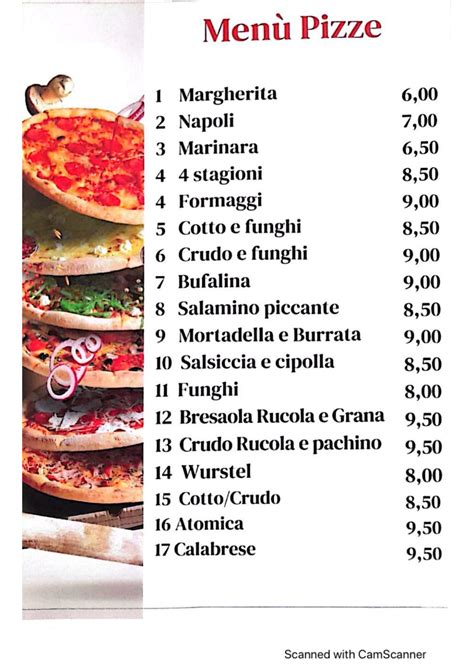 Variegato menu di un ristorante family-friendly che offre pizza, hamburger e piatti tradizionali