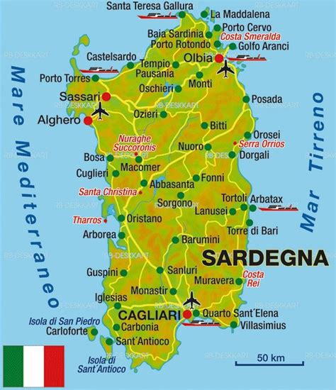 Mappa della Sardegna con indicazione delle principali località turistiche per famiglie