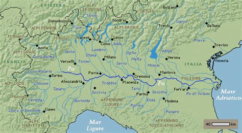 Mappa del bacino idrografico del fiume Ticino dalle Alpi svizzere al Po