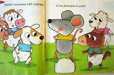 Una pagina del libro con Topotto che osserva un coniglietto con il pannolino