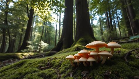 bosco rigoglioso con esemplari di funghi in habitat naturale