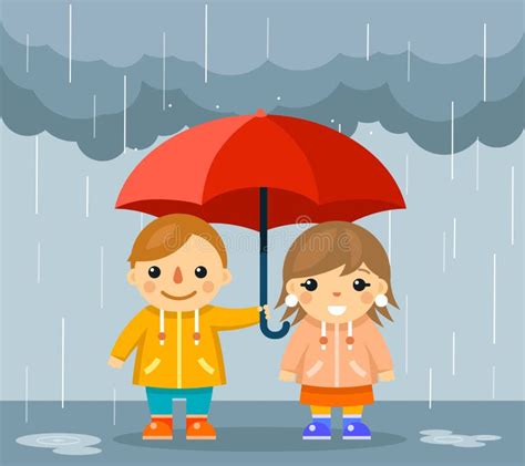 Illustrazione di una pioggia gentile con un bambino con l'ombrello