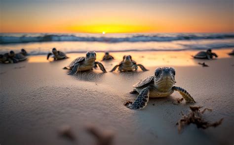 Un gruppo di piccole tartarughe marine che emergono dalla sabbia di notte