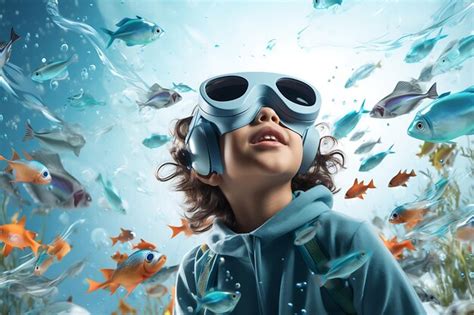 Bambino che indossa un visore VR con un'immagine educativa sovrapposta
