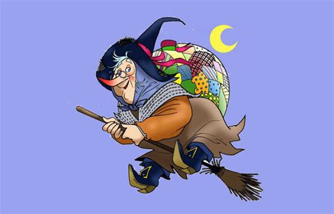 illustrazione di una Befana che vola sulla scopa sopra un borgo italiano innevato