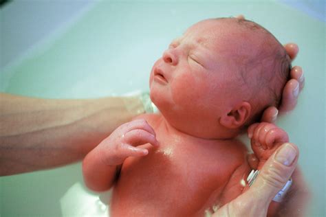 Bambino appena nato in acqua, posto sull'addome materno