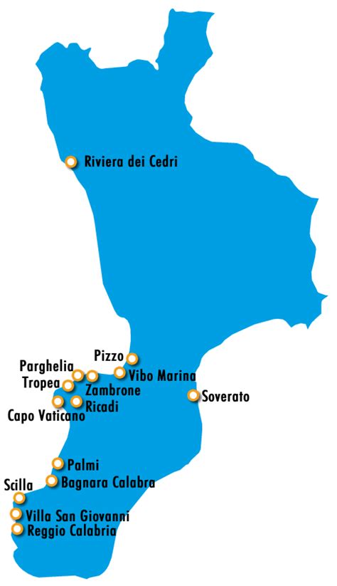 Mappa schematica della costa calabrese con evidenza dei principali resort menzionati