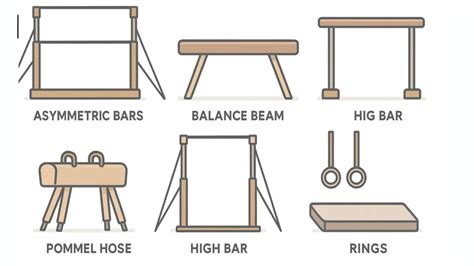 Schema illustrativo degli attrezzi principali utilizzati nella ginnastica artistica maschile e femminile