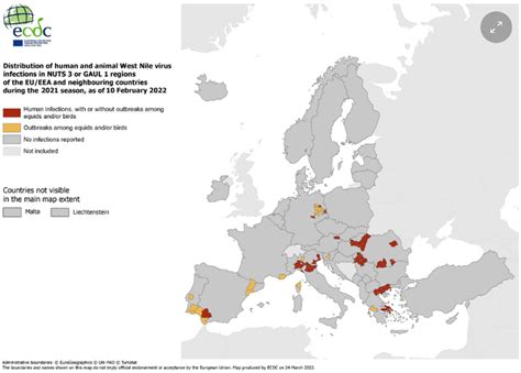 Mappa schematica della circolazione del West Nile Virus in Europa