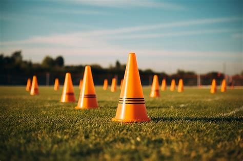 Campo da calcio con coni e ostacoli disposti per un percorso di allenamento