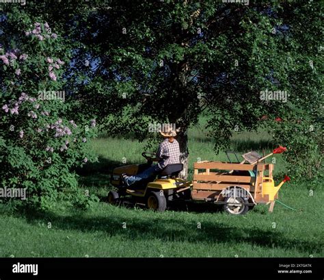 Bambino felice che guida un trattore elettrico in un giardino ben curato durante una giornata di sole