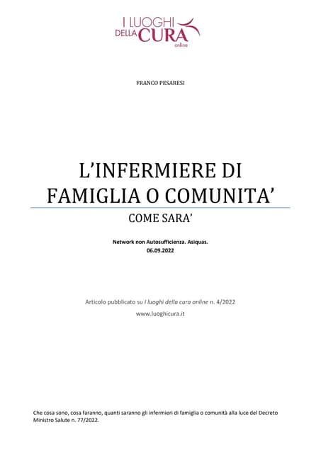 Modello assistenziale dell'infermiere di famiglia e comunità
