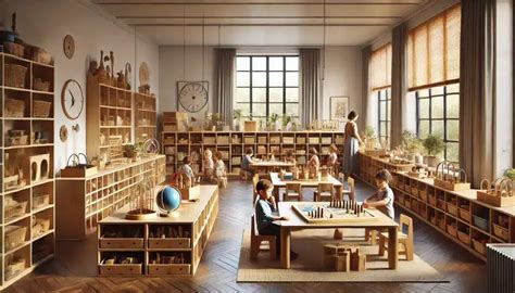 Bambini che lavorano con materiali Montessori in un ambiente preparato