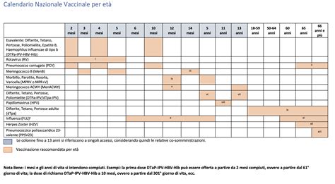 schema infografico relativo al calendario vaccinale suggerito per le diverse età
