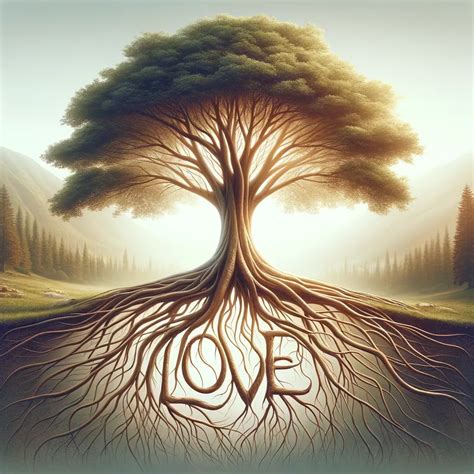 Stylized tree with deep roots and flourishing branches, symbolizing growth and impact of love