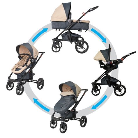 Illustrazione di un sistema trio per neonati con navicella, ovetto e passeggino