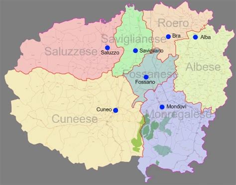Mappa della provincia di Cuneo con i comuni di Saluzzo e Alba