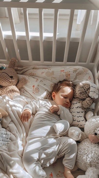 A serene baby sleeping in a white crib surrounded by soft toys