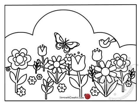 disegno di un prato fiorito con rondini in volo e fiori primaverili