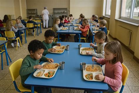 bambini che pranzano in una mensa scolastica organizzata e pulita