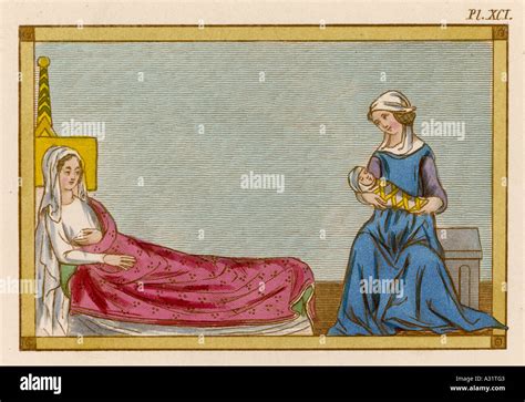 Scena di parto medievale con levatrici e donna seduta