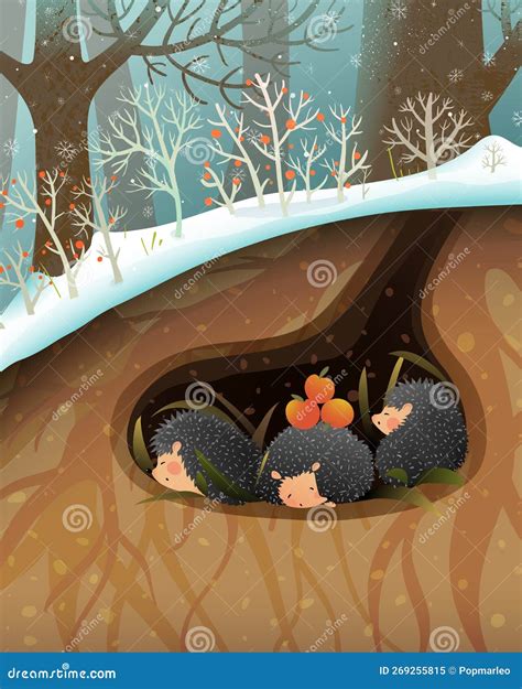illustrazione di una tana accogliente con un riccio e una marmotta che dormono al suo interno