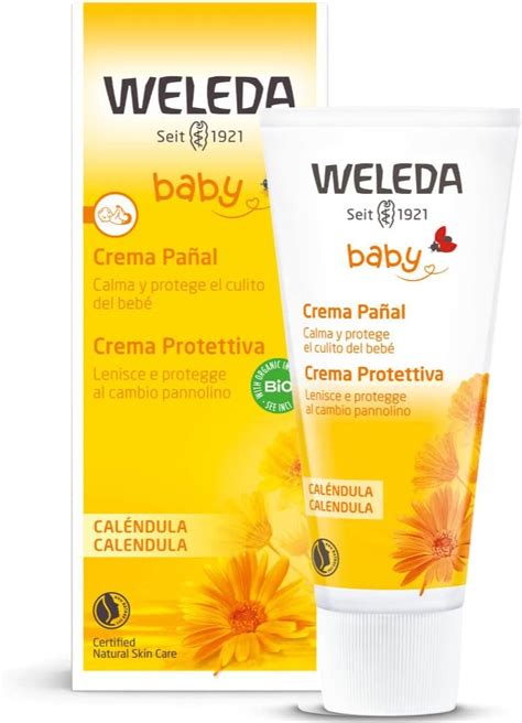 Bambino con pannolino e crema Weleda Calendula